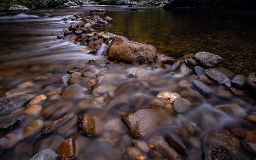 Creek water flowing over brown rocks